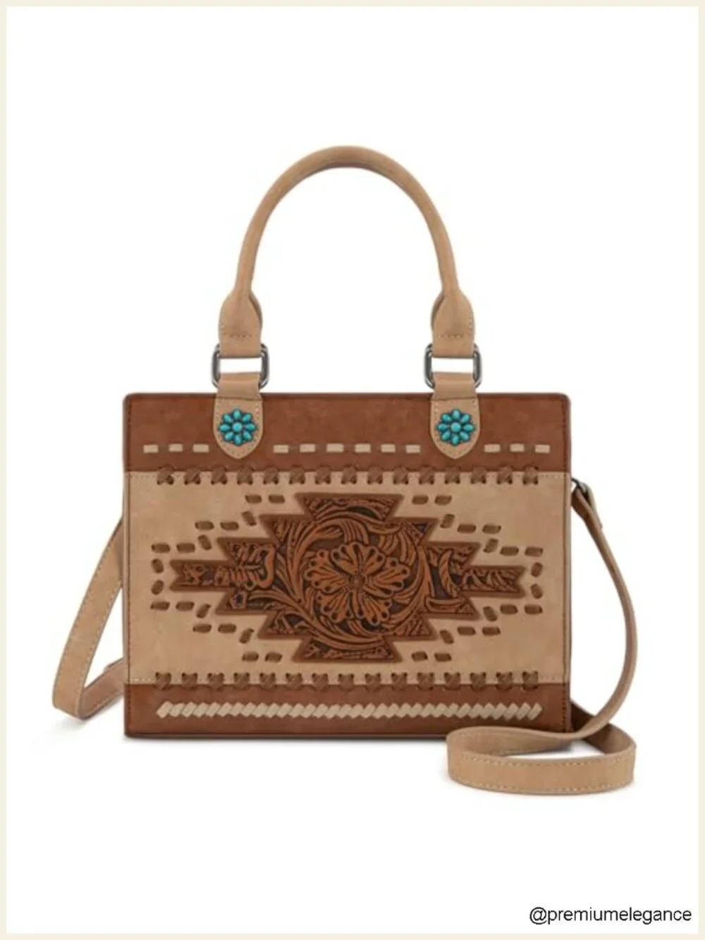 Western Tooling Top Handle Purse with Floral Engraving Turquoise Accents Faux